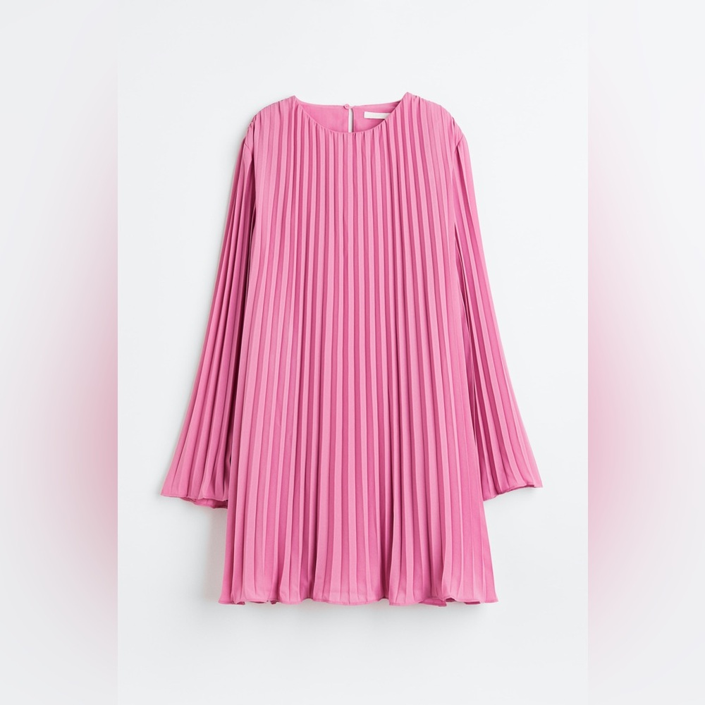 H&M Pink Pleated Long Sleeve Tunic Blouse Flowy Boho Top Size L